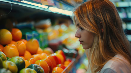 Woman with blond hair examining fruits in supermarketの素材