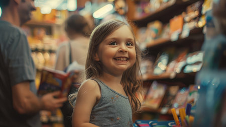 Smiling little girl buying school supplies while being with her parents in a bookstore.の素材