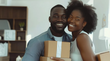 Real Estate And Family Housing. African American Couple Posing With Moving Boxes And New House Key Hugging Smiling To Camera Standing Indoors. Empty Space For Textの素材