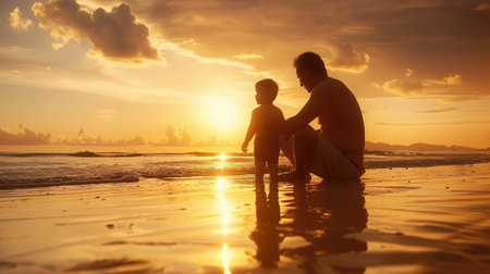 Father and son playing on the beach at the sunset time. Concept of friendly family.の素材