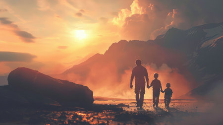 Father and son holding hand in handの素材