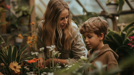 Mother and son looking at flowersの素材