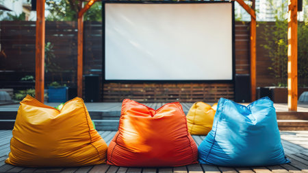 open air cinema with colorful bean bag. empty white screen, free space for text or montageの素材