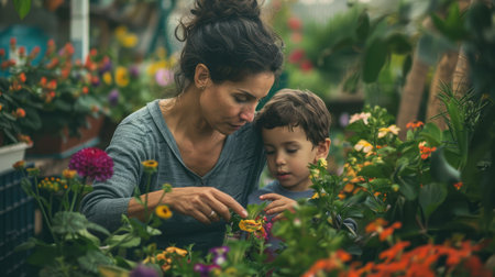Mother and son looking at flowersの素材