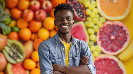 young african black man folding arms standing in front of a colorful fruits backgroundの素材