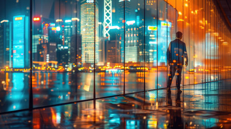 Businessman Cityscape Skyline Night Light Vision Conceptの素材