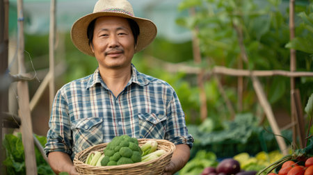 An Asian farmer stands in front of a vegetable garden with a basket full of fresh vegetables. Agriculture until the vegetable harvesting season in the greenhouseの素材