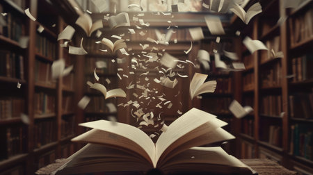 surreal book concept pages flying out of book --ar 16:9 --v 6 Job ID: b1ce79ea-a8be-4d2c-8fd2-269d08629461の素材