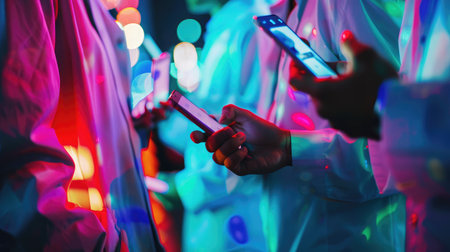 Businessmen look on smartphones watching social platforms and marketing online to plan the best promotions and super sell and discount price products, Social media, and digital online concepts.の素材