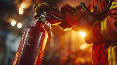 Close up hand Fireman,Firefighter holding the fire extinguisher.の素材
