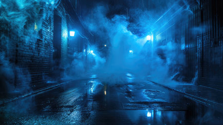 Dark empty scene, blue neon searchlight light, wet asphalt, smoke, night view, rays.の素材