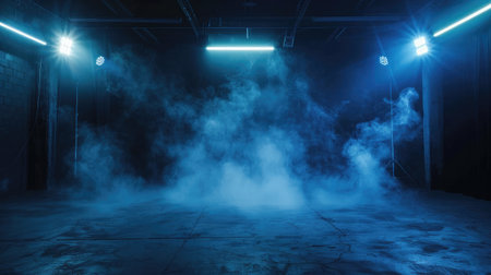 The dark stage shows, dark blue background, an empty dark scene, neon light, spotlights The asphalt floor and studio room with smoke float up the interior texture for display productsの素材