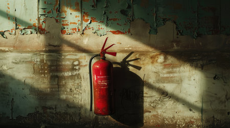 Red fire extinguisher isolated indoors on the wall, personal fire protection, home fire extinguisher, template or sourceの素材