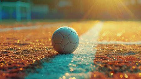 textured free soccer field in the evening light - center, midfield with the soccer ballの素材