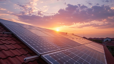 solar panels, photovoltaics on the red roof of a house and a beautiful sky with the setting sun. Alternative electricity source.の素材