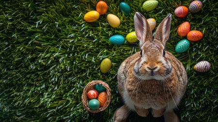 happy bunny with many easter eggs on grass festive backgroundの素材