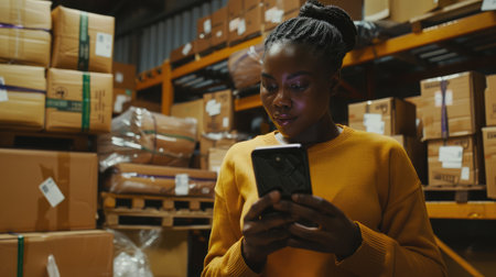Startup small business SME, Entrepreneur owner African woman using smartphone or tablet taking receive and checking online purchase shopping order to preparing pack product box.の素材