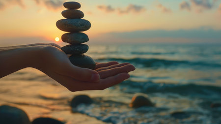 World philosophy day concept: Human hands holding balanced rocks over sunset beach backgroundの素材