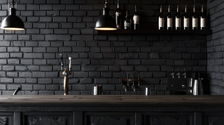 Creative black brick pub or bar interior with copy space on wallの素材