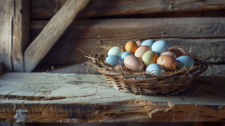 Basket of colorful chicken eggs on a wooden table in the chicken farm --ar 16:9 Job ID: e20e5386-173d-4b15-ab3c-cc99d967cdedの素材