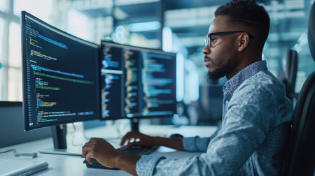 System Administration and Machine Learning Engineer Programming at His Workstation. Man Plans and Carries Out Work to Expand the Network Structure of the Enterprise at His Officeの素材