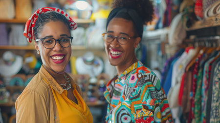 Two happy businesswomen smiling while working in a thrift store. Female entrepreneurs running an e-commerce smallの素材