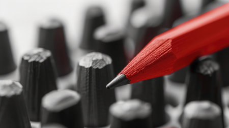 Red pencil standing out from crowd of plenty identical black fellows on white table. Leadership, uniqueness, independence, initiative, strategy, dissent, think different, business success conceptの素材