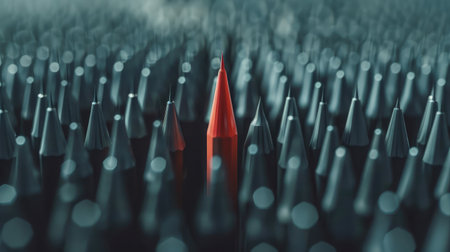 Red pencil standing out from crowd of plenty identical black fellows on white table. Leadership, uniqueness, independence, initiative, strategy, dissent, think different, business success conceptの素材