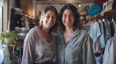 Two happy businesswomen smiling while working in a thrift store. Female entrepreneurs running an e-commerce smallの素材
