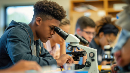 Group of college students performing experiment using microscope in science lab. University focused student looking through microscope in biology classの素材