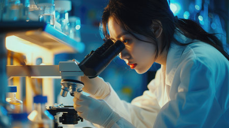 Researcher asian woman wear lab cost work mixing test tube specialist sample chemist equipment with microscope at laboratory. Student young girl examining biotechnology health medical. --ar 16:9 Job ID: 90df5be1-c986-4862-bd2f-72f1e94683dcの素材
