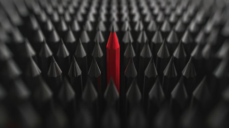 Red pencil standing out from crowd of plenty identical black fellows on white table. Leadership, uniqueness, independence, initiative, strategy, dissent, think different, business success conceptの素材