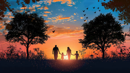 people in the park. happy family walking silhouette at sunset. mom dad and daughters walk holding hands in park. happy family childhood dream concept.の素材