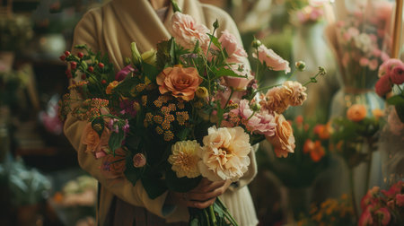 beautiful luxury bouquet of mixed flowers in woman hand. the work of the florist at a flower shopの素材