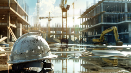 helmet in construction site and construction site worker background safety first conceptの素材