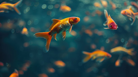 aquarium colourfull fishes in dark deep blue waterの素材
