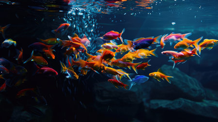 aquarium colourfull fishes in dark deep blue waterの素材