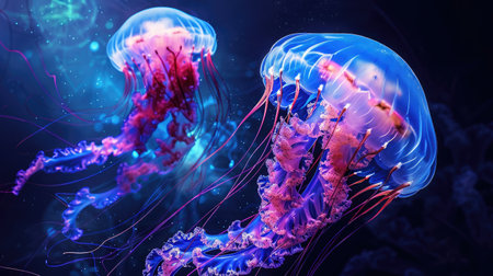 Background of Jellyfish Japanese Sea Nettle (Chrysaora pacifica) poisionous jellyfish. Blue neon glow light effectの素材