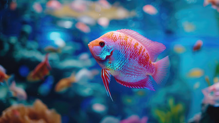 Flowerhorn Cichlid Colorful fish swimming in Aquarium deep blue freshwater fish tank. Flower horn fishes are ornamental fish that symbolizes the luck of feng shui in the home of the Asian peopleの素材