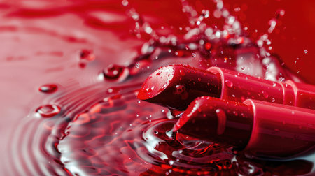 close-up on two red lipsticks in splashes of water on a red backgroundの素材