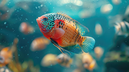 Flowerhorn Cichlid Colorful fish swimming in Aquarium deep blue freshwater fish tank. Flower horn fishes are ornamental fish that symbolizes the luck of feng shui in the home of the Asian peopleの素材