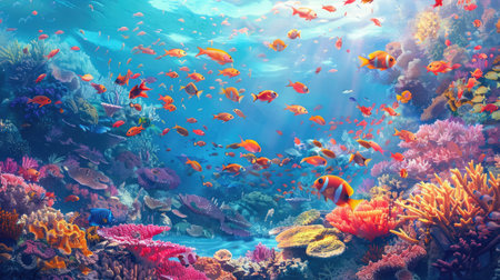 Beautiful tropical coral reef with shoal or red coral fish, anthias.の素材