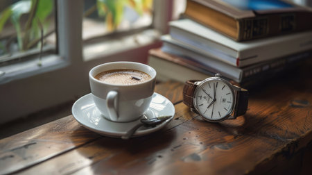 coffee in a cup on the table . watches and books are lying nextの素材