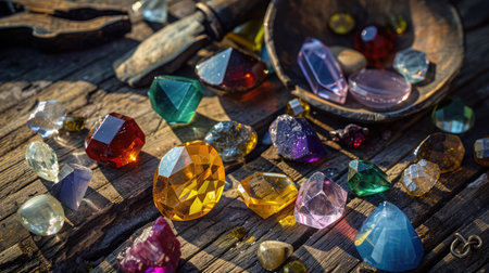 Exploring mining, and inspecting gems. Treasure hunting. Gold and gems on rough wooden surfaceの素材