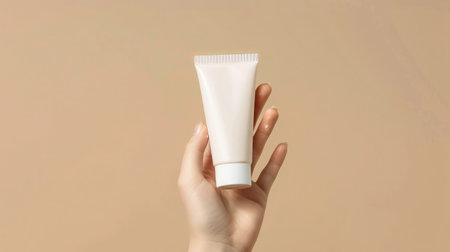 Female hand with smear holding blank mockup tube of cream on beige isolated background. Daily skincare and body care routine. Image for your designの素材