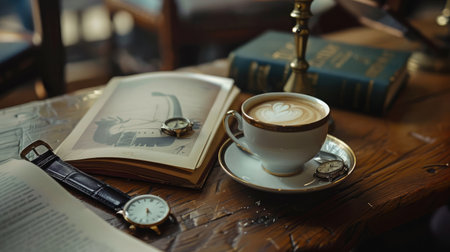 coffee in a cup on the table . watches and books are lying nextの素材