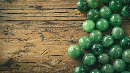 Canadian jade beads on a wooden background.の素材