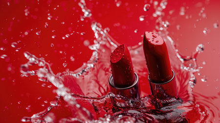close-up on two red lipsticks in splashes of water on a red background --ar 16:9 Job ID: 54b2caae-cde1-450c-9ac7-49a3e87d6902の素材