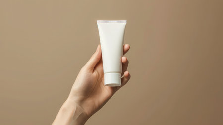 Female hand with smear holding blank mockup tube of cream on beige isolated background. Daily skincare and body care routine. Image for your designの素材