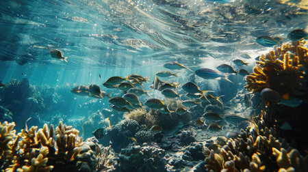 Fish in ocean. Snapper fish school. Shoal of fish in seaの素材